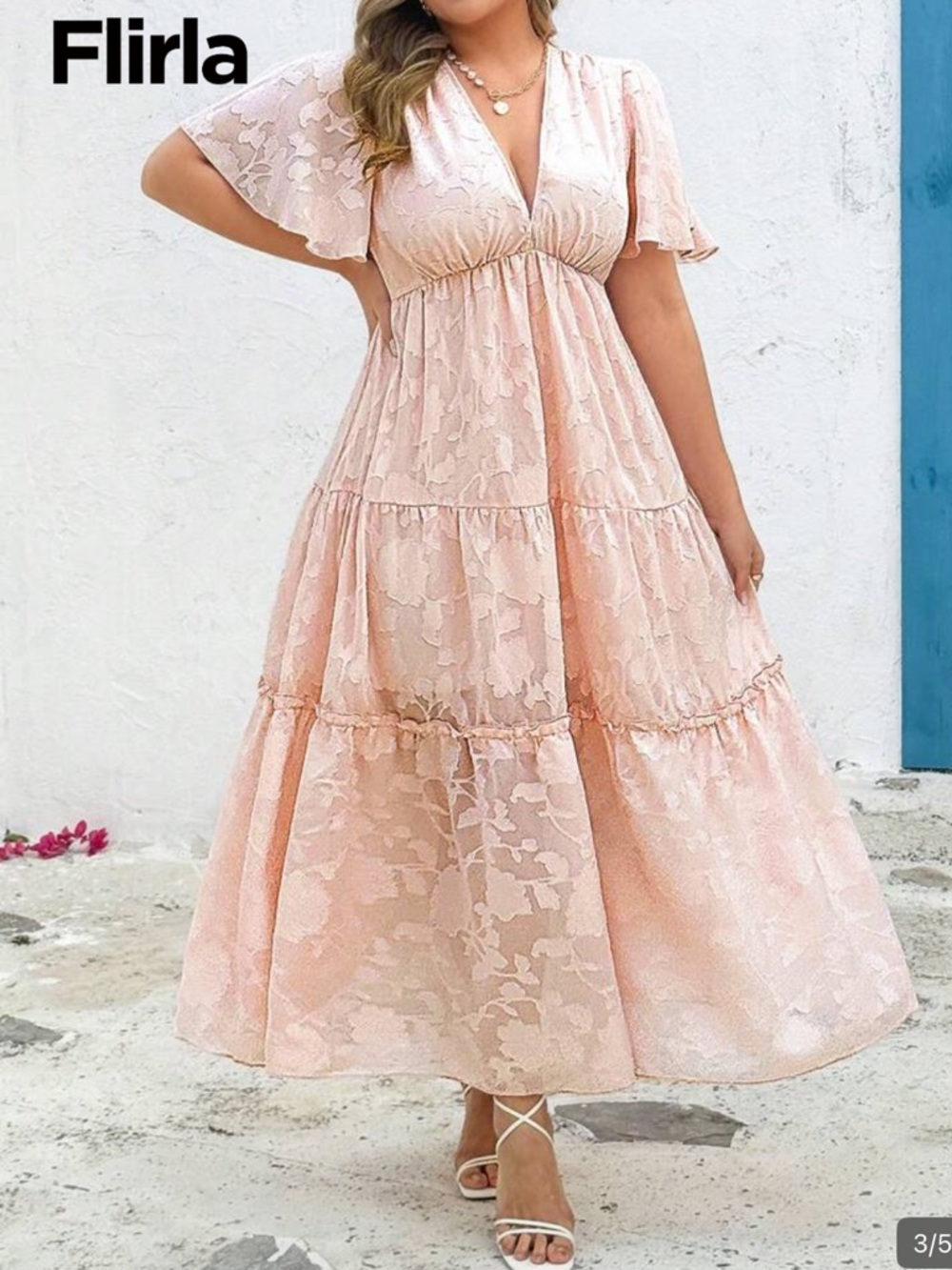 SHEIN Blush Pink Tiered Midi Dress with Flutter Sleeves - Picture 2 of 7